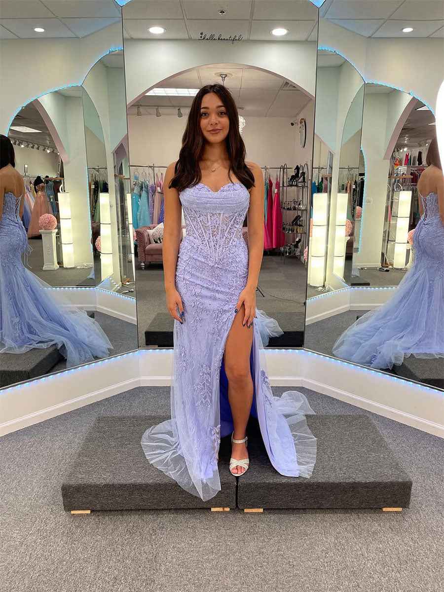 Lavender Strapless Sheer Corset Bodice Prom Dress With High Slit