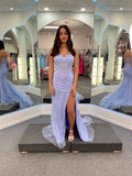 Lavender Strapless Sheer Corset Bodice Prom Dress With High Slit