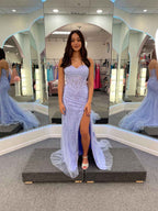 Lavender Strapless Sheer Corset Bodice Prom Dress With High Slit
