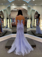 Lavender Strapless Sheer Corset Bodice Prom Dress With High Slit