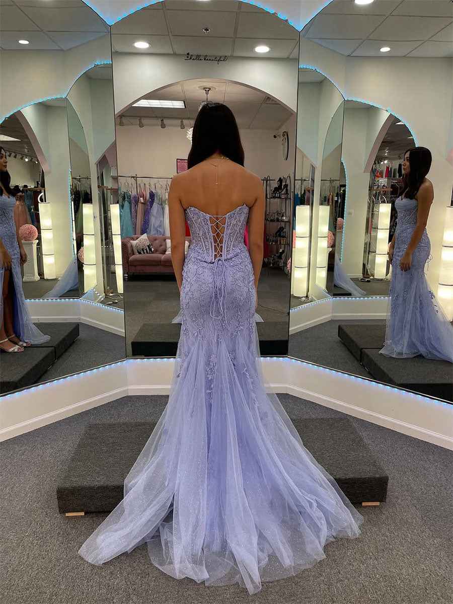 Lavender Strapless Sheer Corset Bodice Prom Dress With High Slit