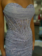 Lavender Strapless Sheer Corset Bodice Prom Dress With High Slit