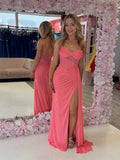 Coral Pink Strapless Sheer Corset Bodice Prom Gown With High Slit