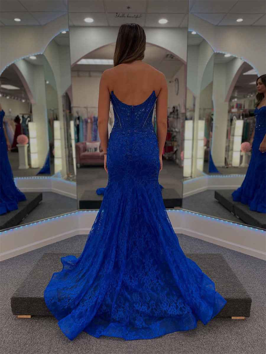 Royal Blue Strapless Sweetheart Allover Lace Corset Bodice Prom Dress