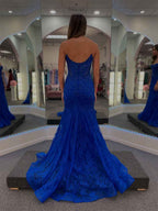 Royal Blue Strapless Sweetheart Allover Lace Corset Bodice Prom Dress