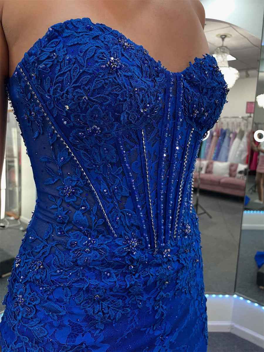 Royal Blue Strapless Sweetheart Allover Lace Corset Bodice Prom Dress