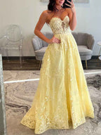 Pale Yellow Strapless Sweetheart Lace Corset Prom Dress