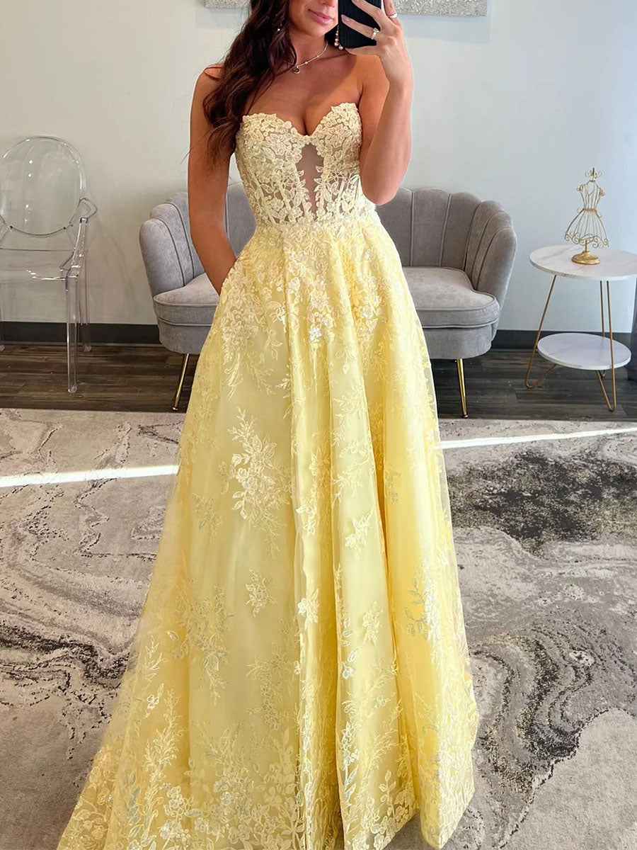 Pale Yellow Strapless Sweetheart Lace Corset Prom Dress