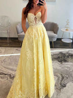 Pale Yellow Strapless Sweetheart Lace Corset Prom Dress
