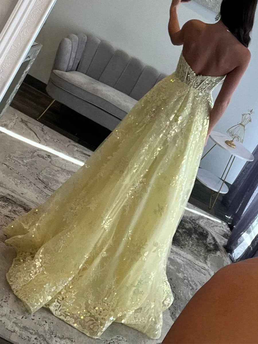 Pale Yellow Strapless Sweetheart Lace Corset Prom Dress