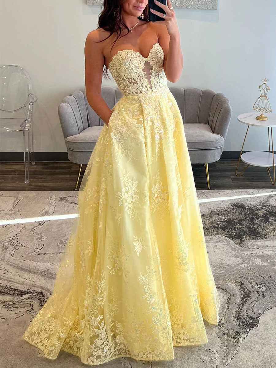 Pale Yellow Strapless Sweetheart Lace Corset Prom Dress