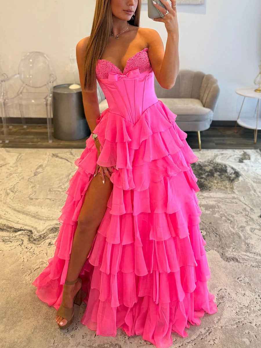 Hot Pink Strapless Sweetheart Lace Embroidery Boned Ballgown Prom Dress