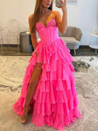 Hot Pink Strapless Sweetheart Lace Embroidery Boned Ballgown Prom Dress