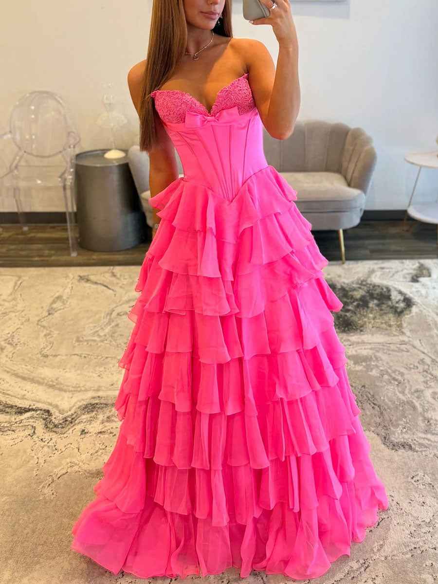 Hot Pink Strapless Sweetheart Lace Embroidery Boned Ballgown Prom Dress