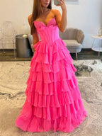 Hot Pink Strapless Sweetheart Lace Embroidery Boned Ballgown Prom Dress