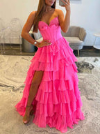 Hot Pink Strapless Sweetheart Lace Embroidery Boned Ballgown Prom Dress