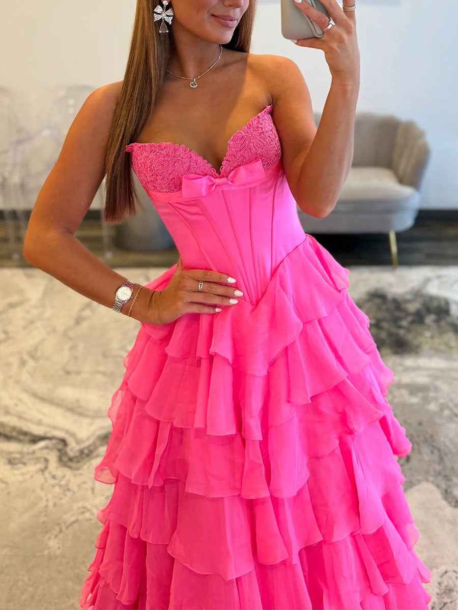 Hot Pink Strapless Sweetheart Lace Embroidery Boned Ballgown Prom Dress