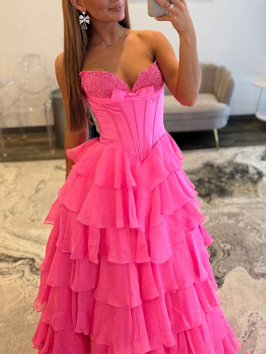 Hot Pink Strapless Sweetheart Lace Embroidery Boned Ballgown Prom Dress