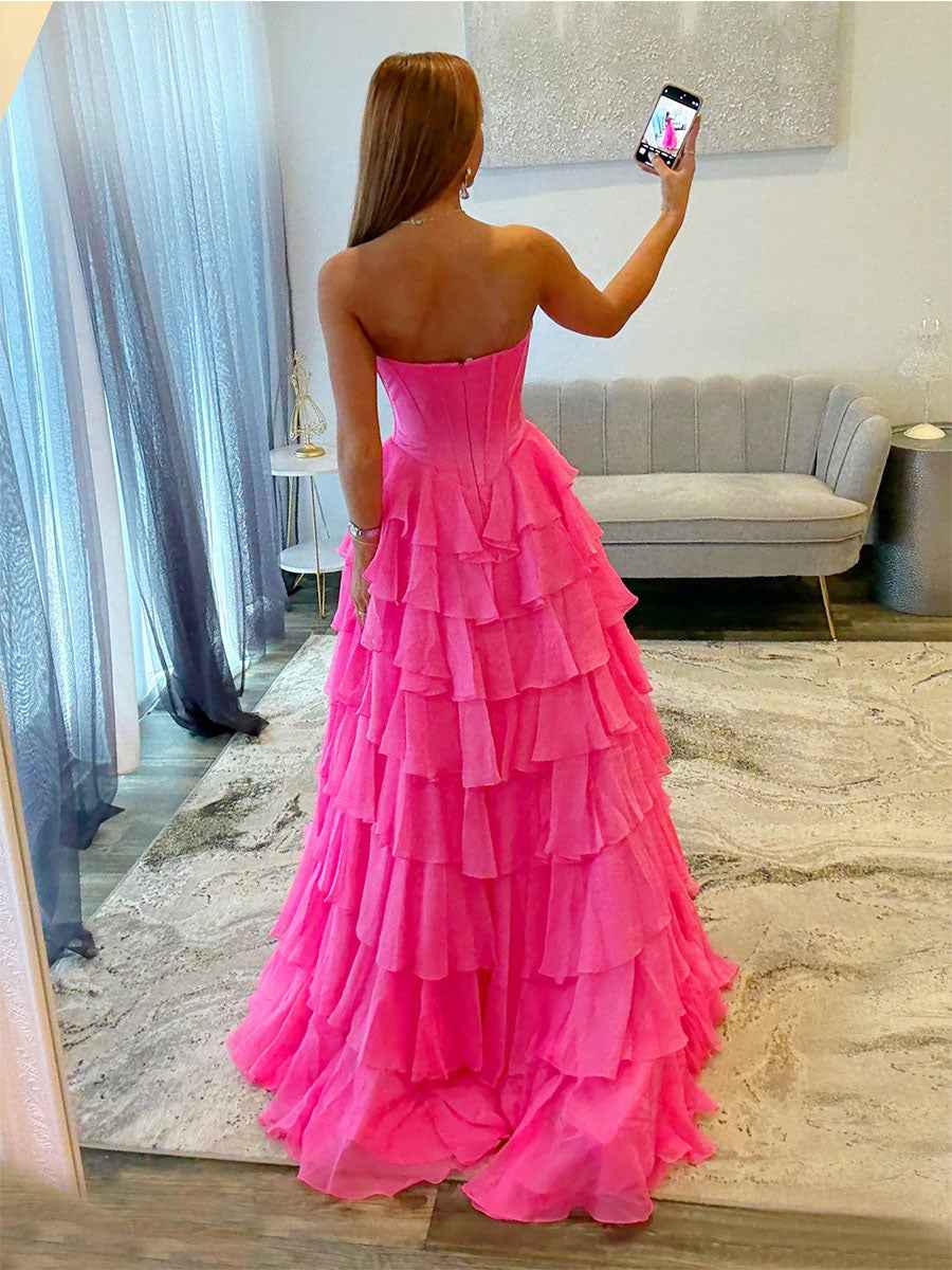Hot Pink Strapless Sweetheart Lace Embroidery Boned Ballgown Prom Dress