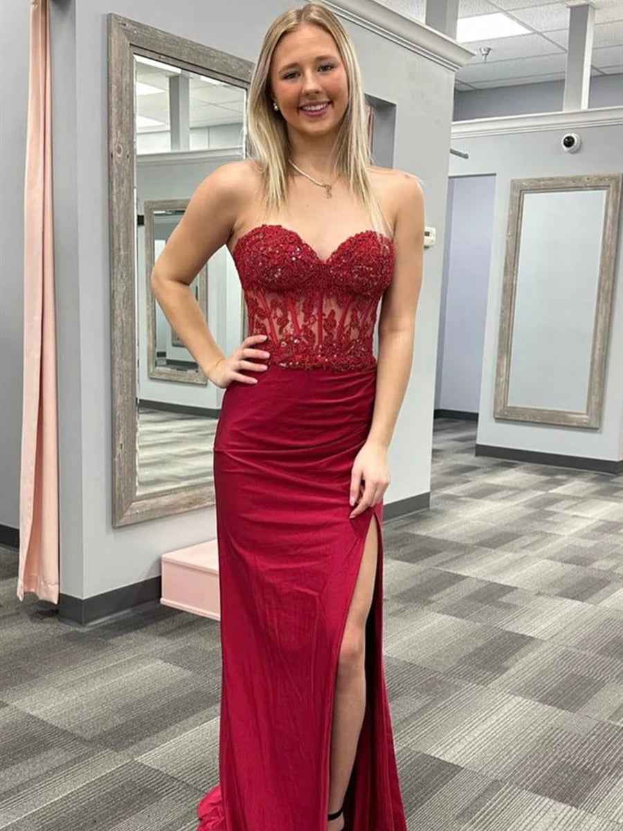 Red Strapless Sweetheart Mermaid Long Prom Dress With Beaded Lace Appliques