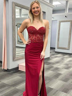 Red Strapless Sweetheart Mermaid Long Prom Dress With Beaded Lace Appliques