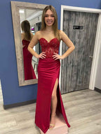 Red Strapless Sweetheart Mermaid Long Prom Dress With Beaded Lace Appliques