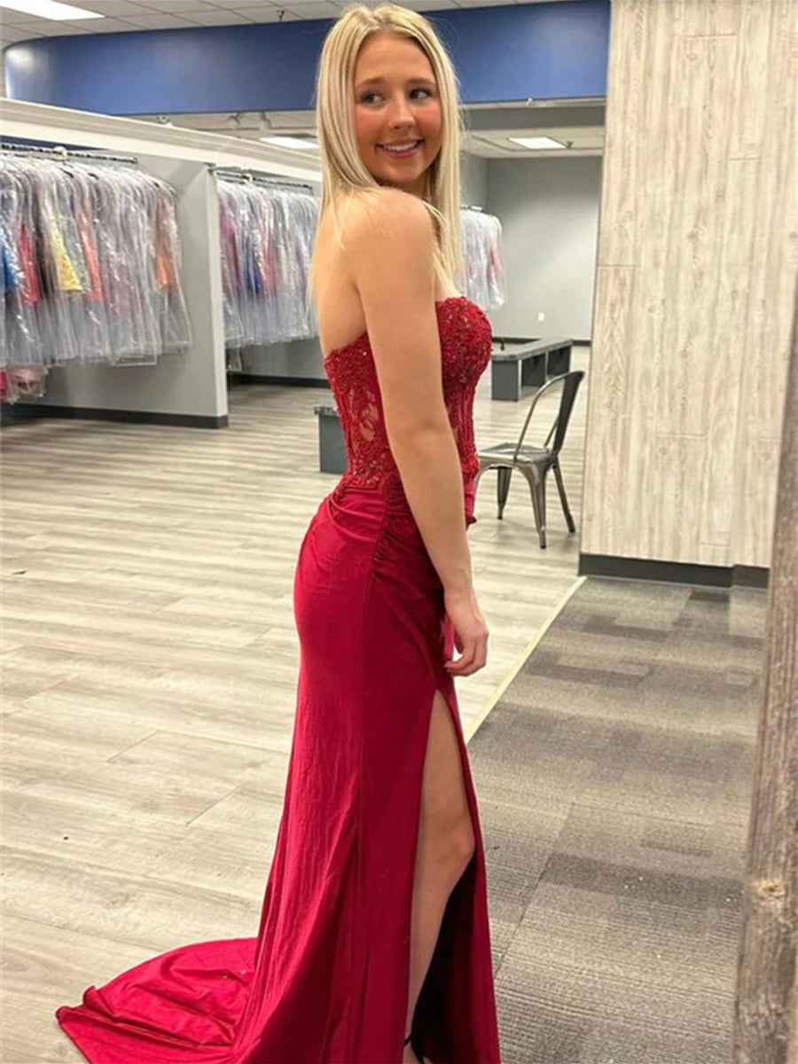 Red Strapless Sweetheart Mermaid Long Prom Dress With Beaded Lace Appliques