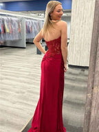 Red Strapless Sweetheart Mermaid Long Prom Dress With Beaded Lace Appliques