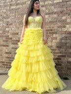 Strapless Yellow Sweetheart Tiered Tulle Long Prom Dress With Appliques