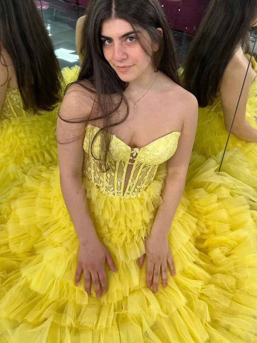Strapless Yellow Sweetheart Tiered Tulle Long Prom Dress With Appliques