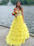 Strapless Yellow Sweetheart Tiered Tulle Long Prom Dress With Appliques