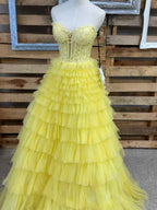 Strapless Yellow Sweetheart Tiered Tulle Long Prom Dress With Appliques