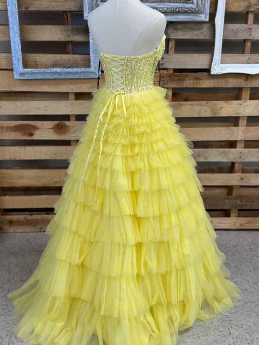 Strapless Yellow Sweetheart Tiered Tulle Long Prom Dress With Appliques