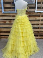 Strapless Yellow Sweetheart Tiered Tulle Long Prom Dress With Appliques