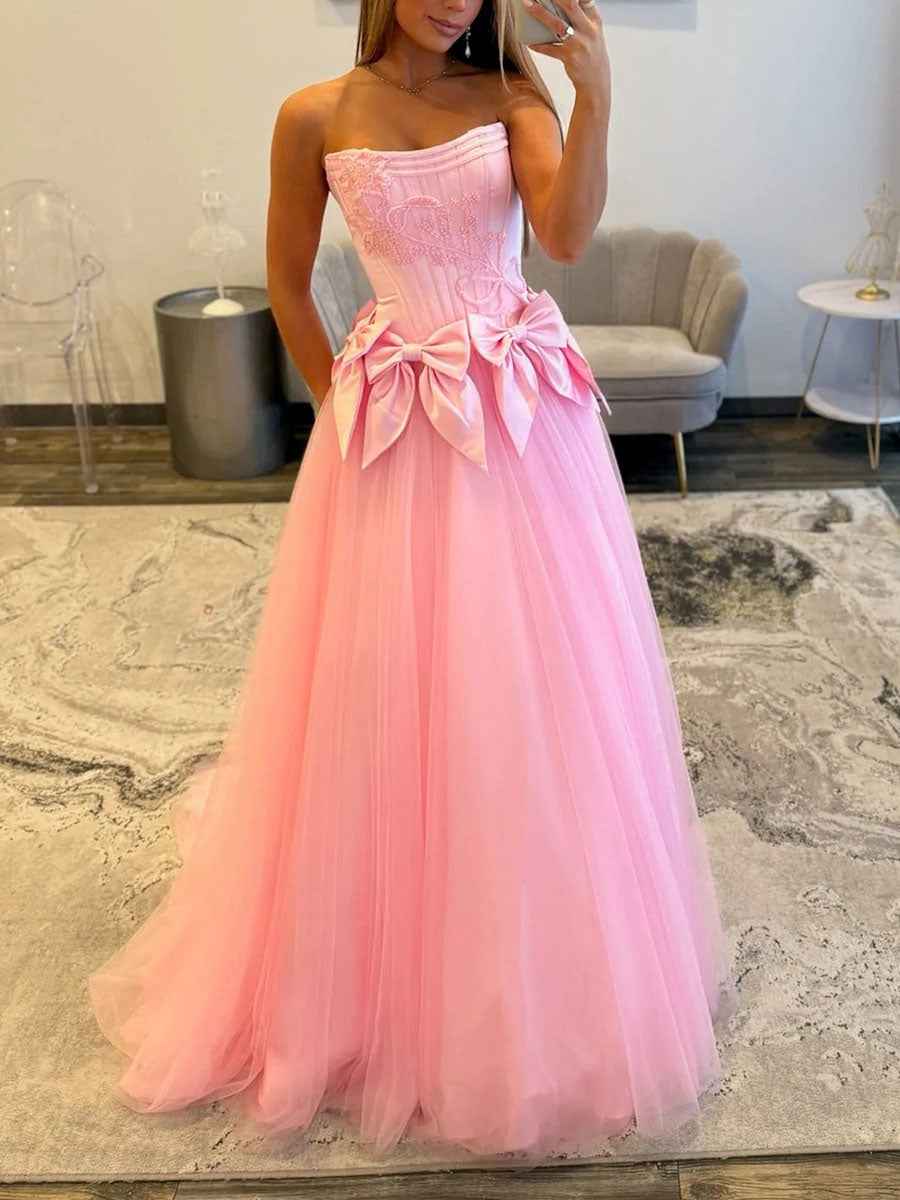 Strapless Tulle Long Pink Ballgown Prom Dress With Statement Bow Waist