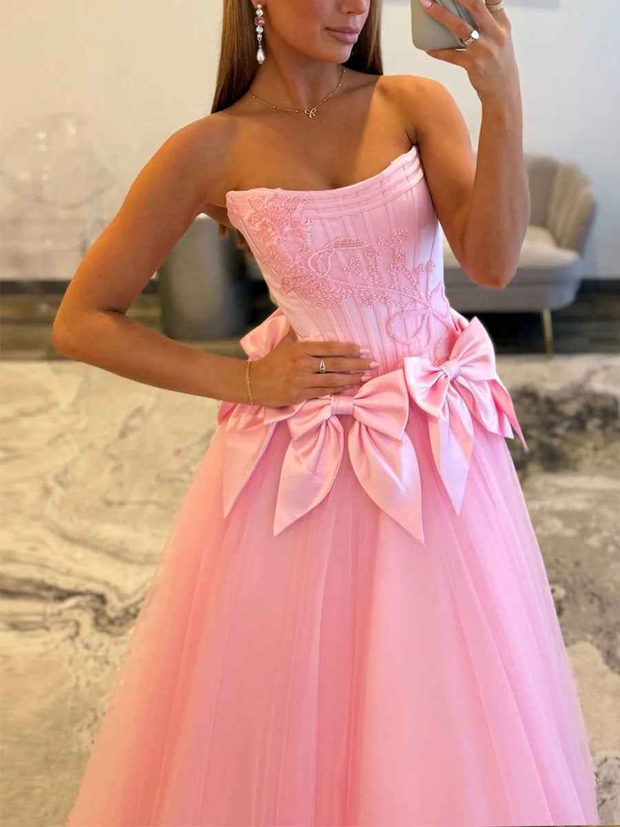 Strapless Tulle Long Pink Ballgown Prom Dress With Statement Bow Waist