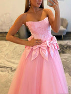 Strapless Tulle Long Pink Ballgown Prom Dress With Statement Bow Waist