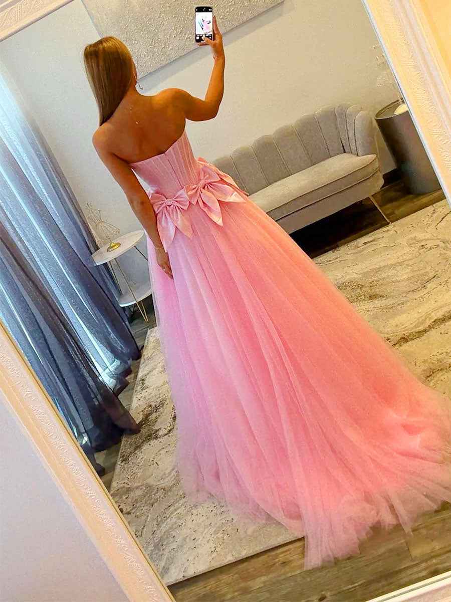 Strapless Tulle Long Pink Ballgown Prom Dress With Statement Bow Waist