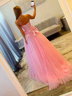 Strapless Tulle Long Pink Ballgown Prom Dress With Statement Bow Waist