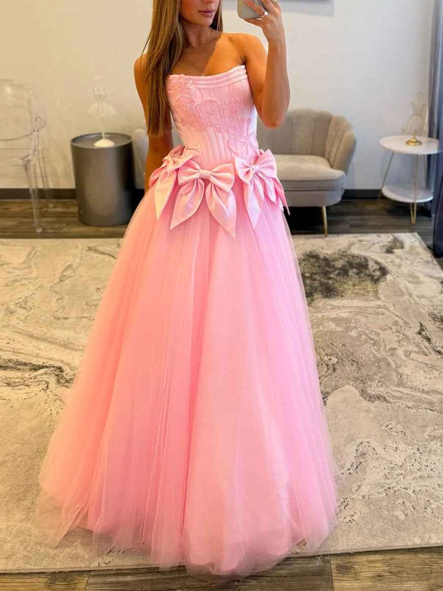 Strapless Tulle Long Pink Ballgown Prom Dress With Statement Bow Waist