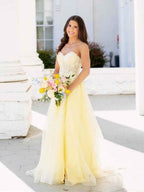 Yellow Strapless Long Lace Applique Prom Dress With Slit
