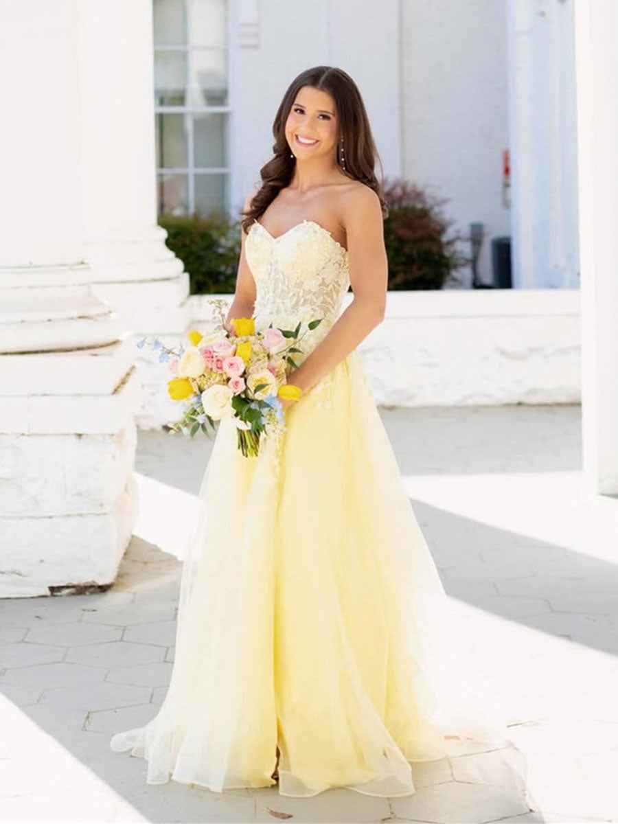 Yellow Strapless Long Lace Applique Prom Dress With Slit
