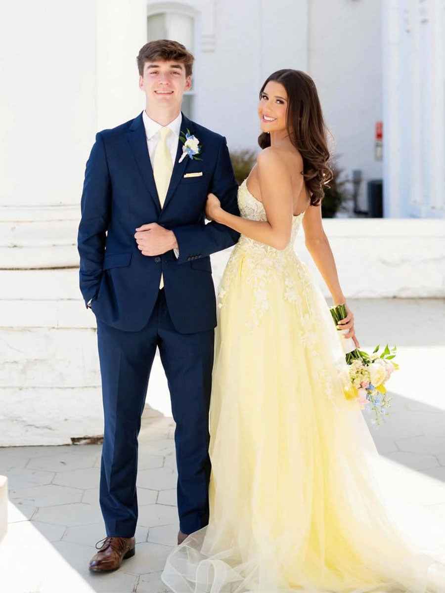 Yellow Strapless Long Lace Applique Prom Dress With Slit
