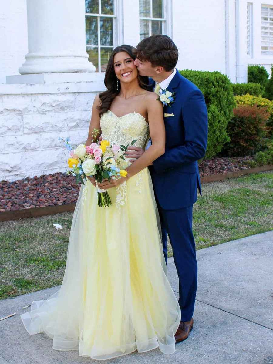 Yellow Strapless Long Lace Applique Prom Dress With Slit