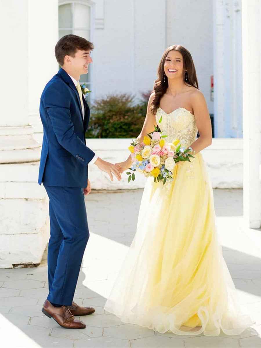 Yellow Strapless Long Lace Applique Prom Dress With Slit