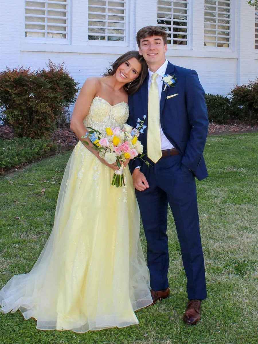 Yellow Strapless Long Lace Applique Prom Dress With Slit