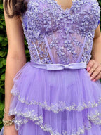 White Floral Sequined Spaghetti Straps Prom Dress With Tiered Skirt And Slit
