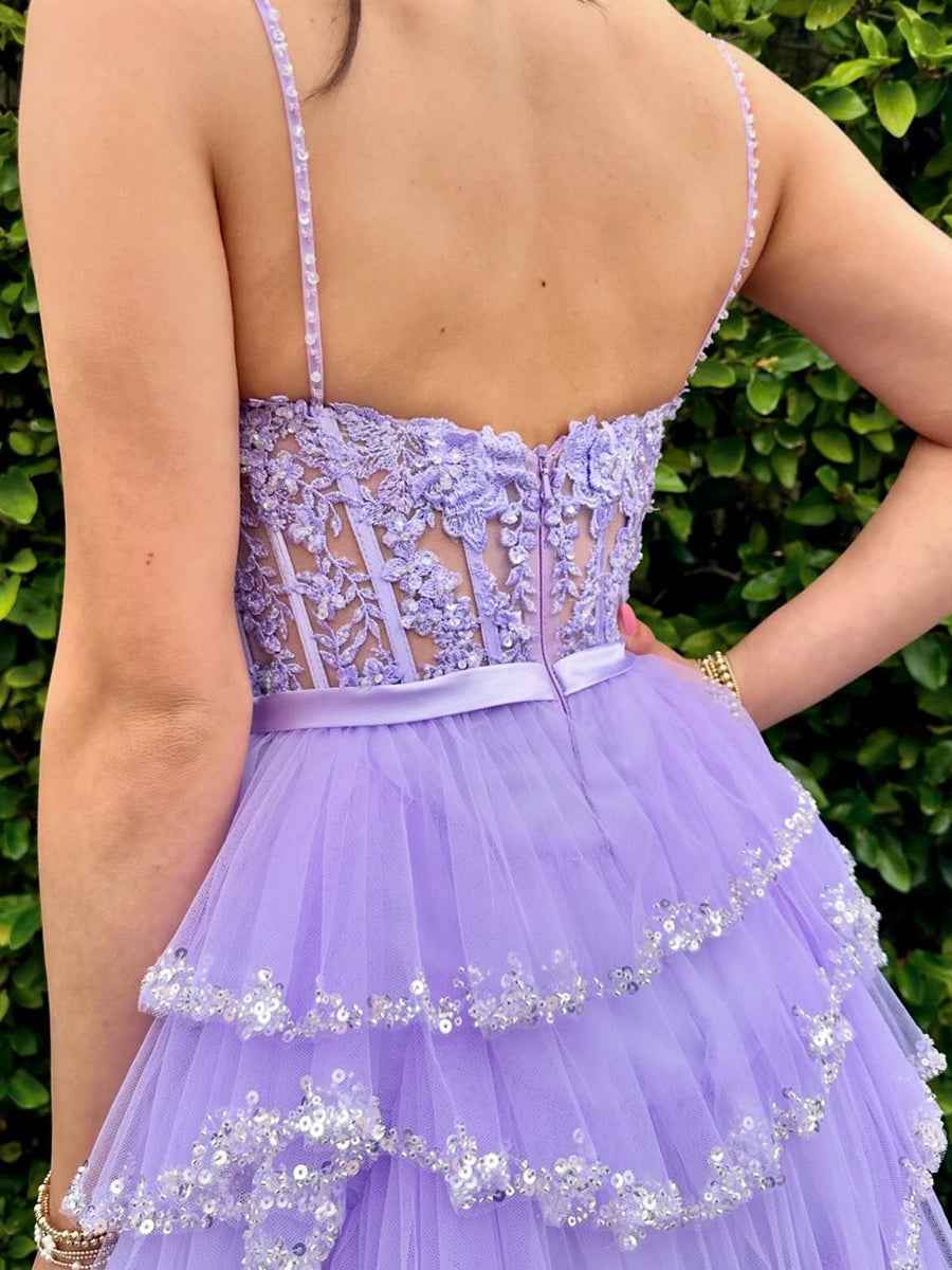 White Floral Sequined Spaghetti Straps Prom Dress With Tiered Skirt And Slit