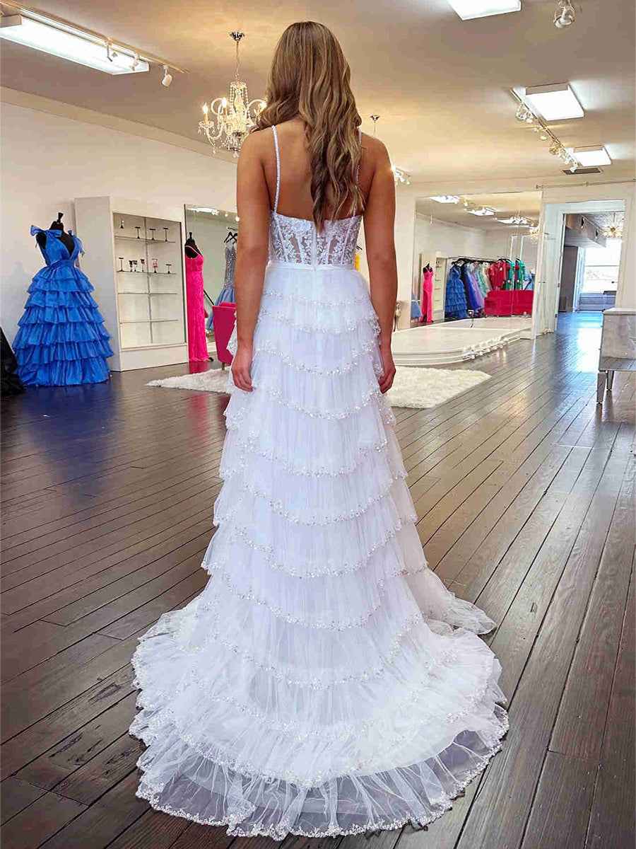 White Floral Sequined Spaghetti Straps Prom Dress With Tiered Skirt And Slit