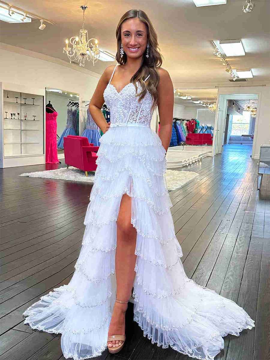 White Floral Sequined Spaghetti Straps Prom Dress With Tiered Skirt And Slit